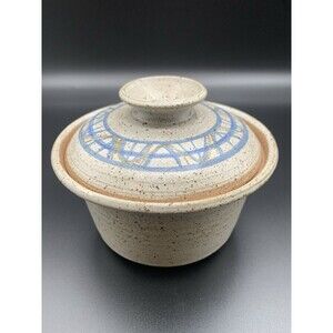 Handmade Studio Pottery Butter Dish w/Lid Signed Artisan Stoneware Blue Design